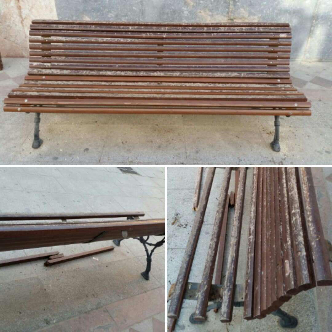 Restauración y pintado de los bancos las plazas y calles. Antes.